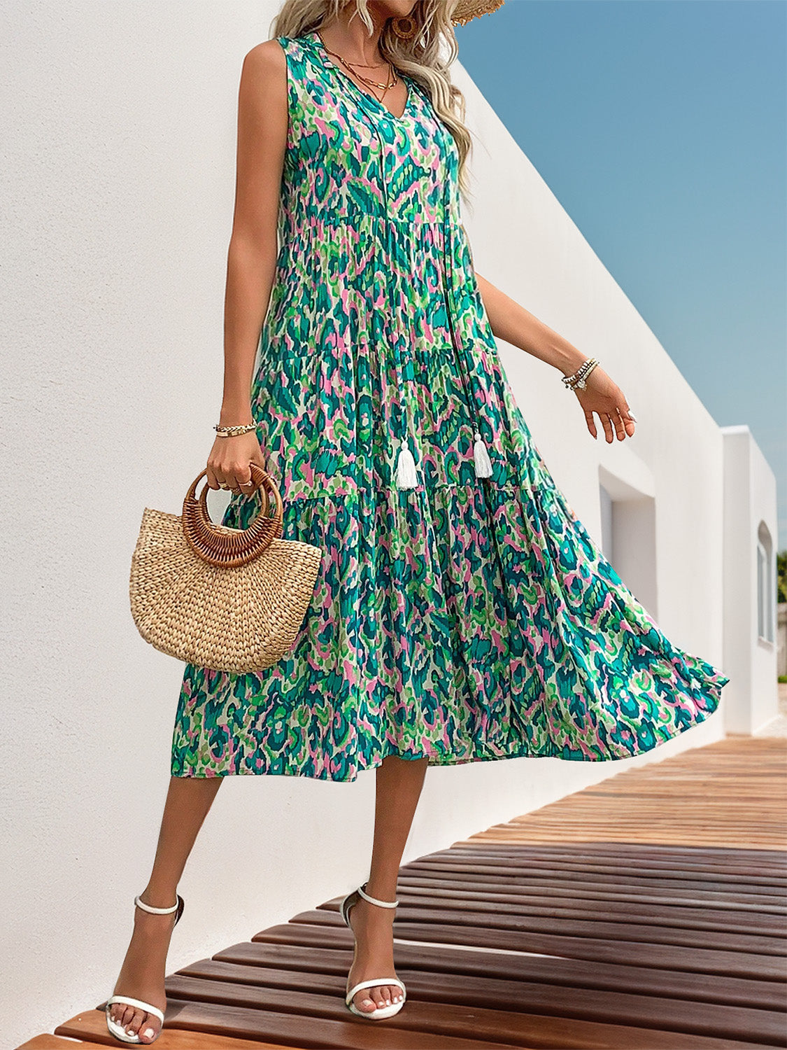 Tassel Printed Tie Neck Sleeveless Dress Maxi Dresses JT's Designer Fashion