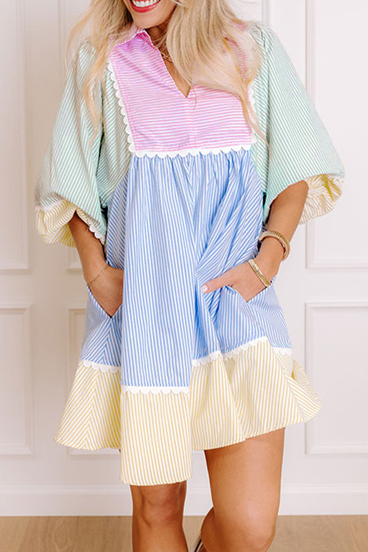 Multicolour Striped Patchwork Ric Rac Puff Sleeve Collared Mini Dress Mini Dresses JT's Designer Fashion