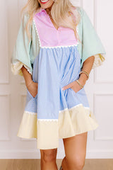 Multicolour Striped Patchwork Ric Rac Puff Sleeve Collared Mini Dress Mini Dresses JT's Designer Fashion
