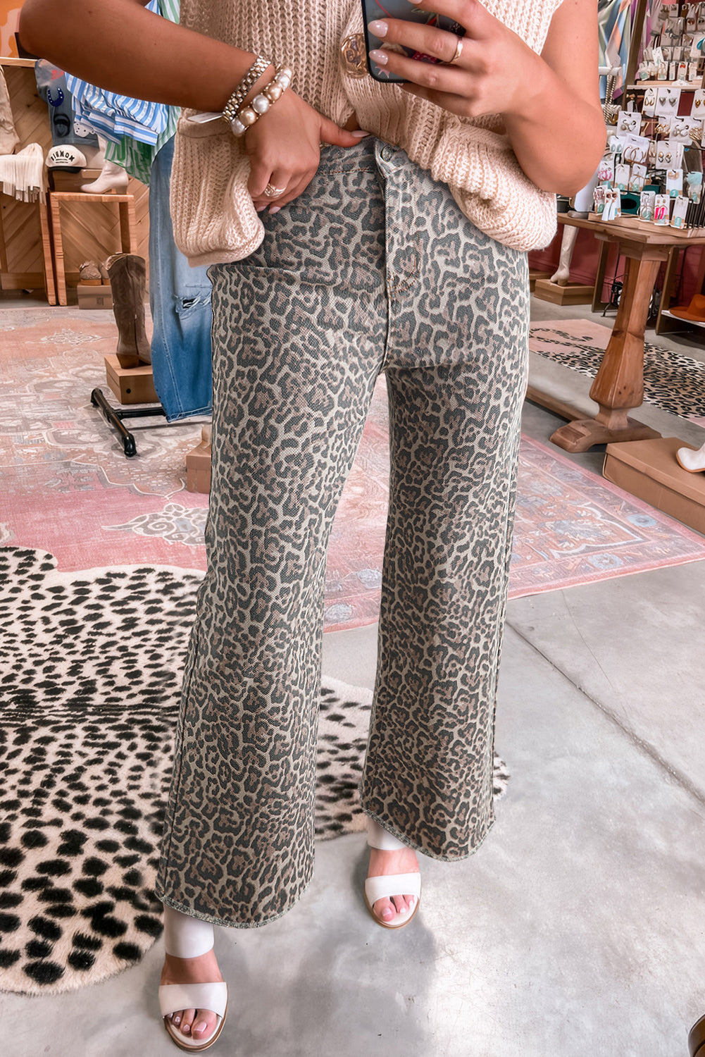 Brown Leopard Frayed Edge Wide Leg High Waist Jeans Jeans JT's Designer Fashion