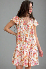 Apricot Floral Geometric Print Ruffled Trim Flutter Sleeve Mini Dress Floral Dresses JT's Designer Fashion