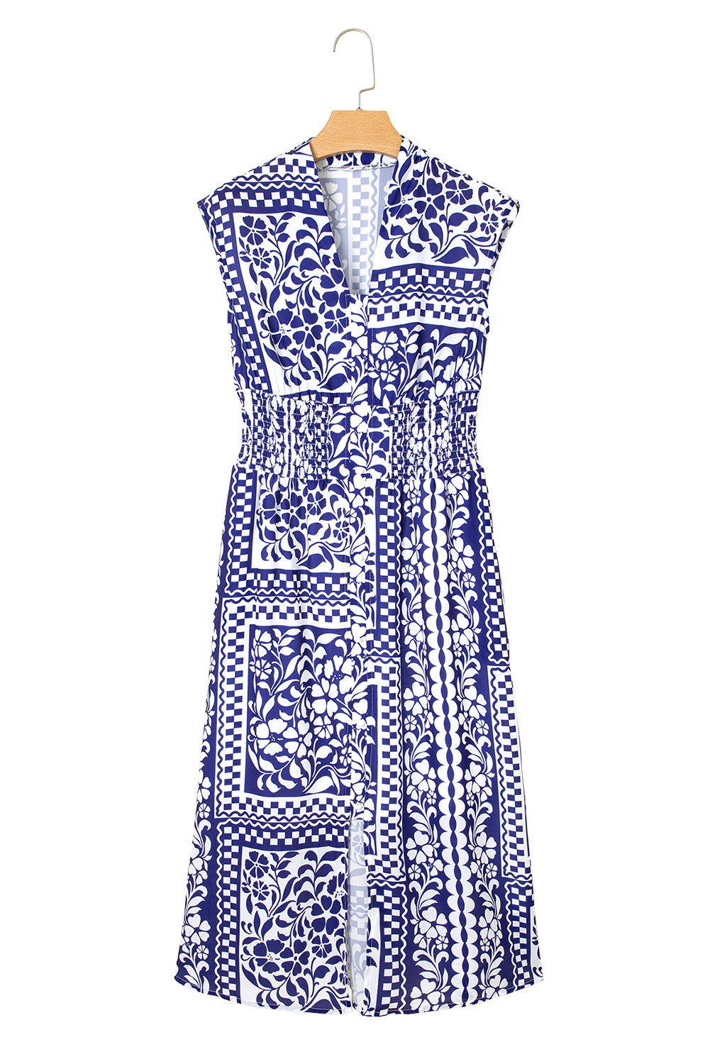 Dirty blue Shirred Waist V Neck Sleeveless Floral Print Long Dress Dresses JT's Designer Fashion