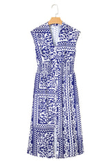 Dirty blue Shirred Waist V Neck Sleeveless Floral Print Long Dress Dresses JT's Designer Fashion