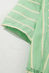 Green Stripe V Neck Short Sleeve Frilled Detail A-line Dress Dresses JT's Designer Fashion