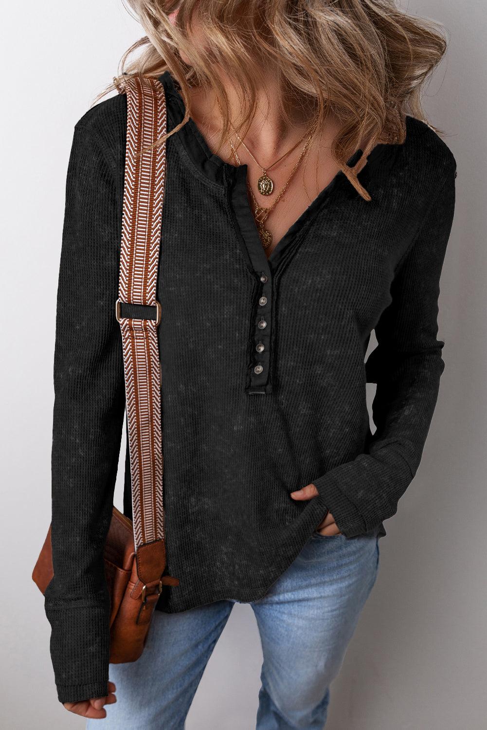 Black Acid Wash Waffle Knit Buttoned Neckline Long Sleeve Top Long Sleeve Tops JT's Designer Fashion