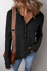 Black Acid Wash Waffle Knit Buttoned Neckline Long Sleeve Top Long Sleeve Tops JT's Designer Fashion