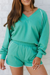 Dark Green Colorblock Trim V Neck Pullover Top and Shorts Set Dark Green 65%Polyester+35%Cotton Short Sets JT's Designer Fashion