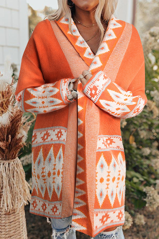 Orange Printed Aztec Print Open Front Knitted Cardigan Sweaters & Cardigans JT's Designer Fashion