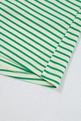Green Stripe Textured Short Sleeve Collared Buttoned Waist Tie Romper Jumpsuits & Rompers JT's Designer Fashion