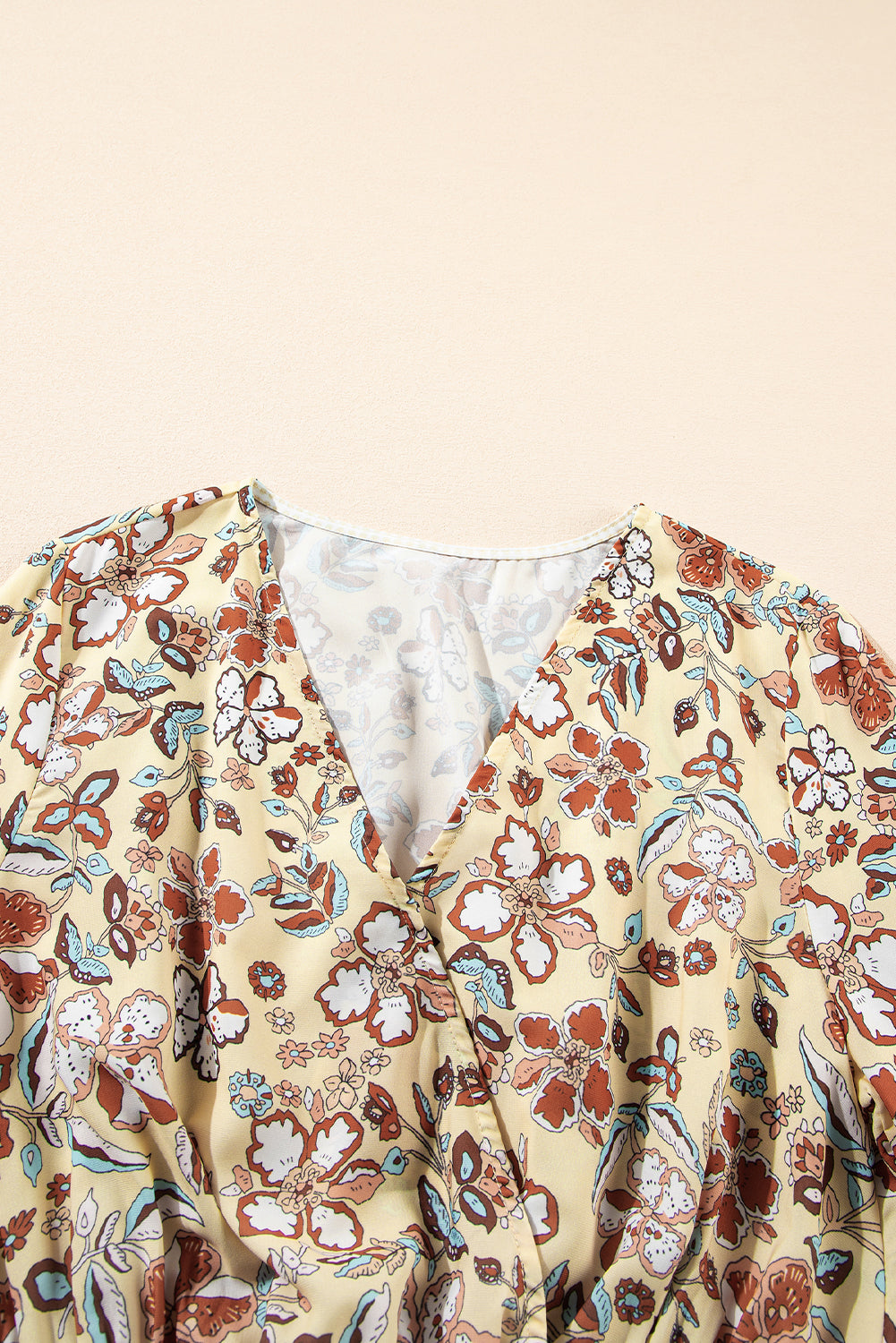 Yellow Printed Floral Bell Sleeve V Neck Wrapped Contrast Peplum Blouse Blouses & Shirts JT's Designer Fashion