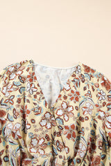 Yellow Printed Floral Bell Sleeve V Neck Wrapped Contrast Peplum Blouse Blouses & Shirts JT's Designer Fashion