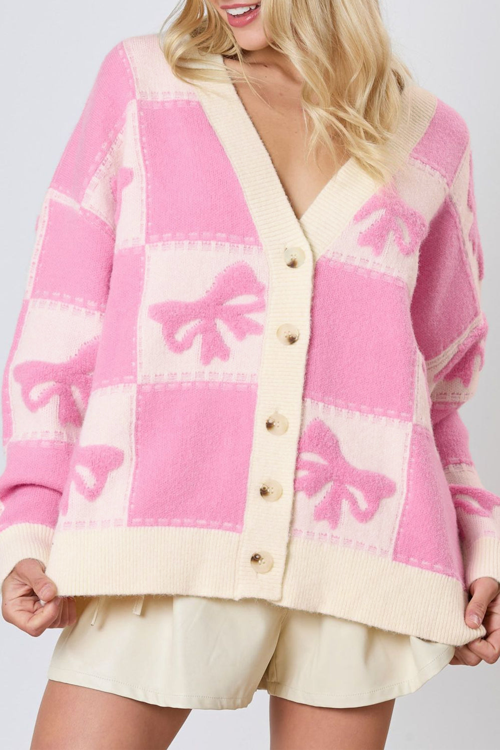 Pink Bowknot Checkered Pattern V Neck Drop Shoulder Button Up Cardigan Pink 52%Viscose+26%Polyester+22%Polyamide Cardigans JT's Designer Fashion