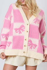 Pink Bowknot Checkered Pattern V Neck Drop Shoulder Button Up Cardigan Pink 52%Viscose+26%Polyester+22%Polyamide Cardigans JT's Designer Fashion