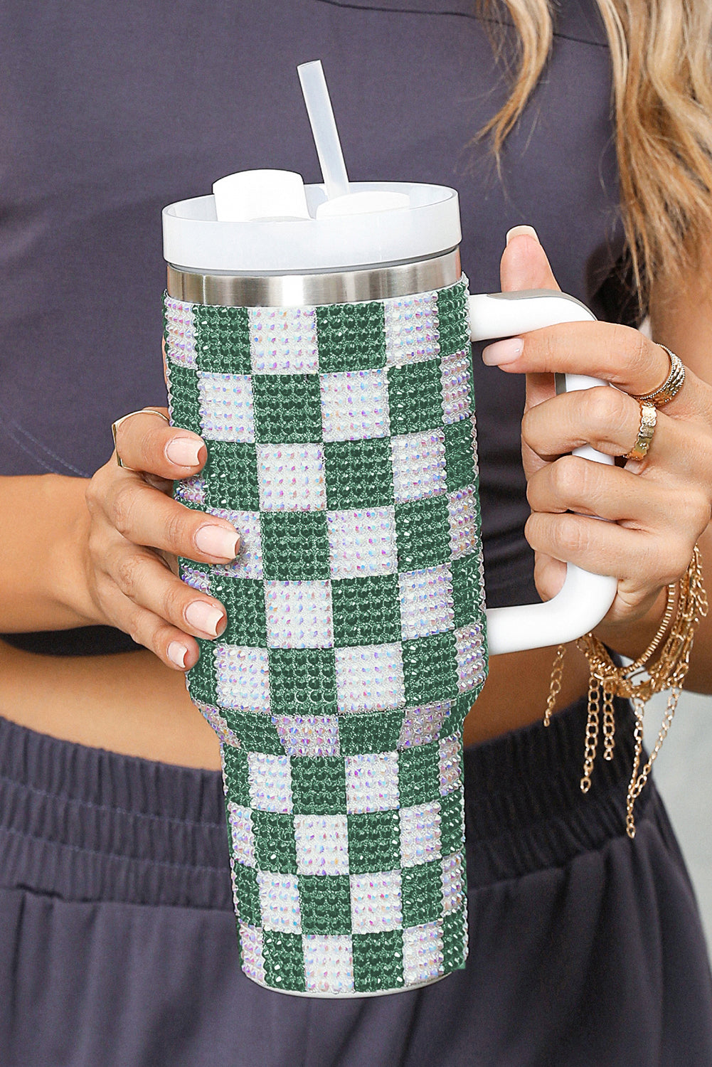 Blackish Green Full Rhinestone Checkerboard Handled Tumbler 40oz Tumblers JT's Designer Fashion