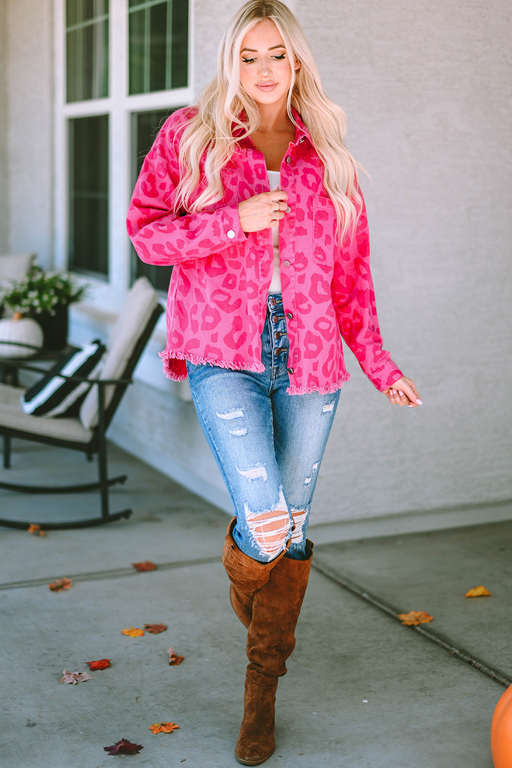 Pink Leopard Print Button Cuffs Raw Hem Jacket Denim Jackets JT's Designer Fashion