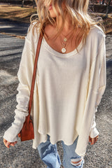 White Waffle Knit Exposed Seam V Neck Oversized Top Long Sleeve Tops JT's Designer Fashion