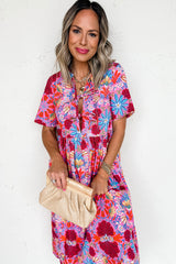 Rose Floral Print Tie High Waist Short Sleeve Loose Long Dress Dresses JT's Designer Fashion