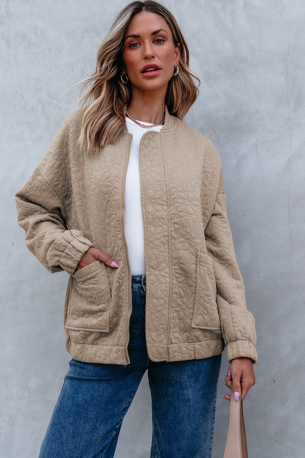 Light French Beige Floral Quilted Jacket Jackets JT's Designer Fashion