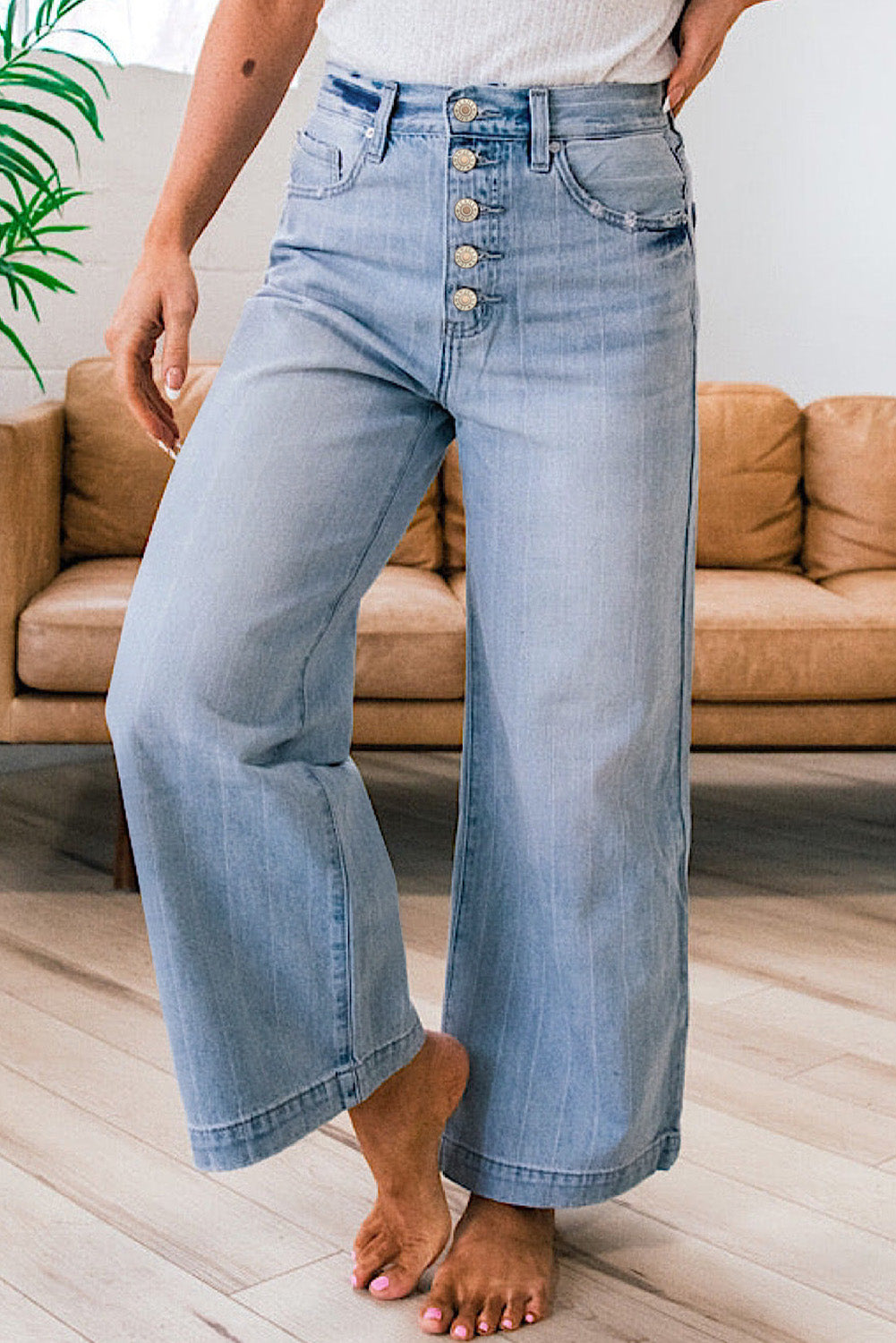 Beau Blue Multi Buttons Pinstripe Wide Leg Jeans Beau Blue 65%Cotton+33%Polyester+2%Elastane Jeans JT's Designer Fashion