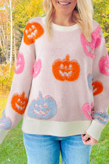 Beige Halloween Cute Pumpkin Pattern Sweater Beige 65%Acrylic+35%Polyamide Sweaters JT's Designer Fashion