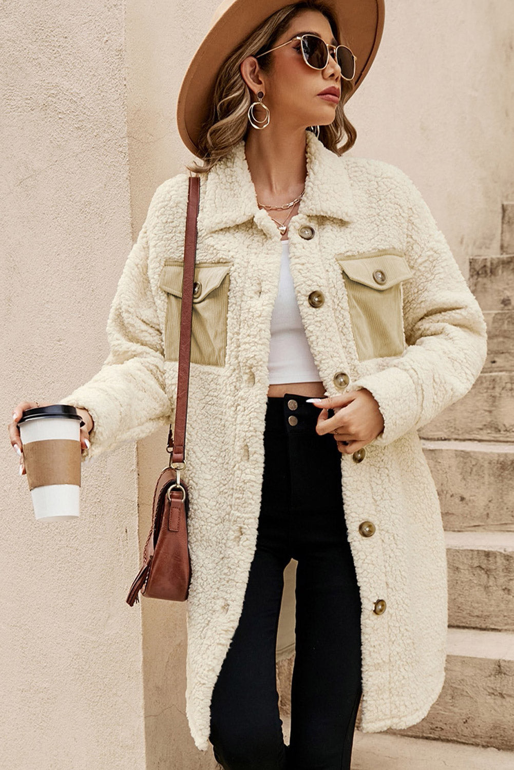 Beige Contrast Flap Pocket Single Breasted Teddy Coat Coats JT's Designer Fashion