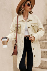 Beige Contrast Flap Pocket Single Breasted Teddy Coat Coats JT's Designer Fashion