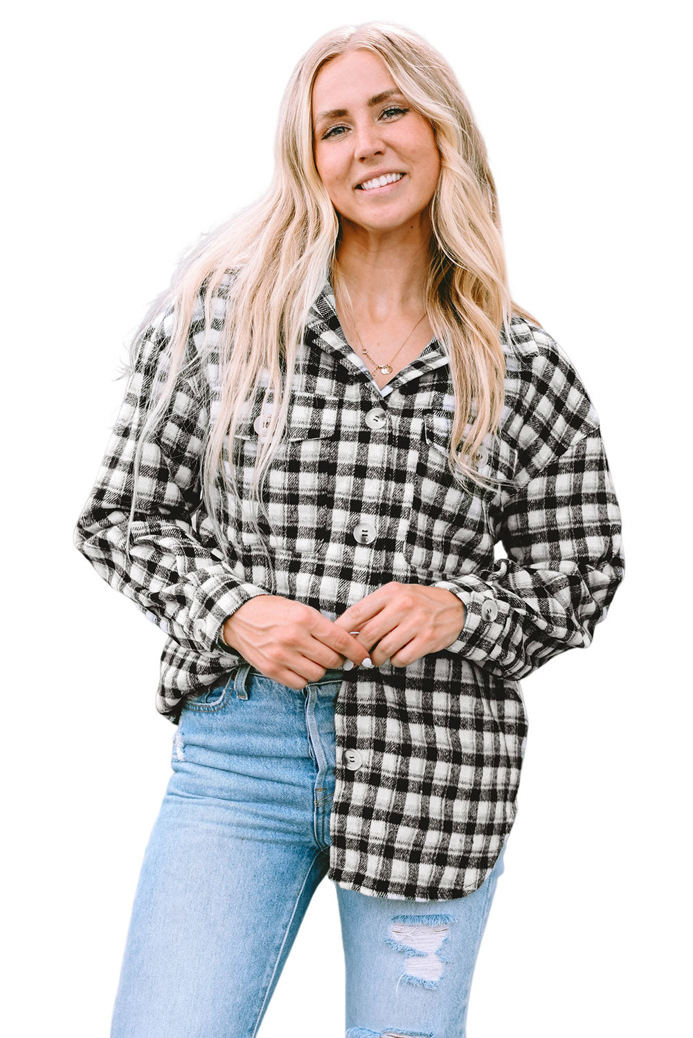 Black Plaid Print Chest Pockets Buttoned Tunic Shacket Plaid Shackets JT's Designer Fashion