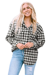 Black Plaid Print Chest Pockets Buttoned Tunic Shacket Plaid Shackets JT's Designer Fashion
