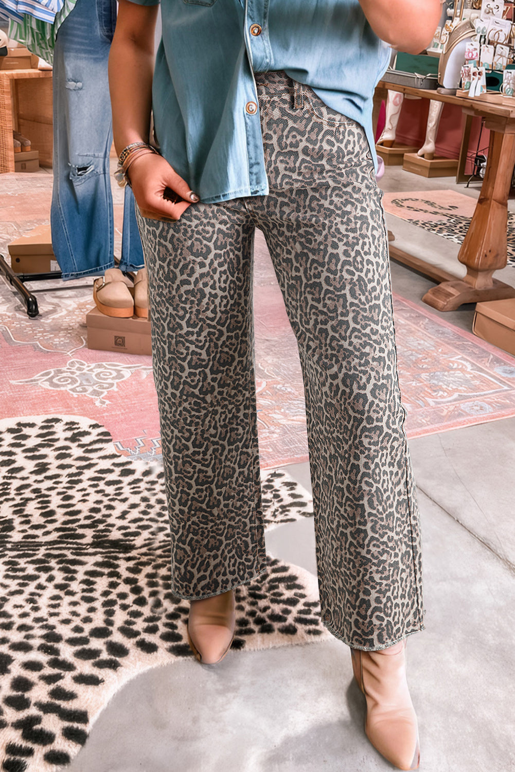 Brown Leopard Frayed Edge Wide Leg High Waist Jeans Jeans JT's Designer Fashion