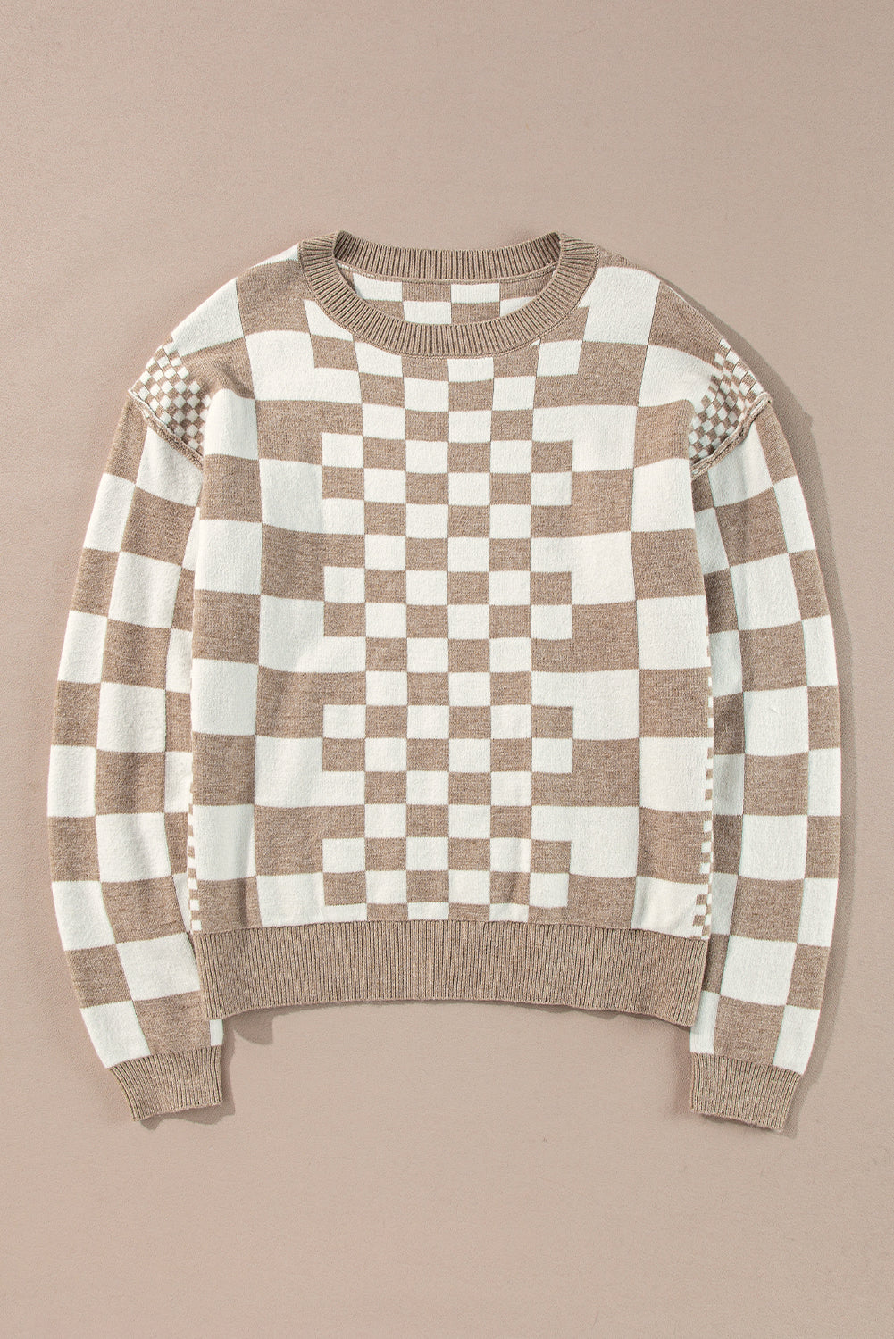 Khaki Checkered Print Drop Shoulder Round Neck Sweater Sweaters JT's Designer Fashion