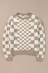 Khaki Checkered Print Drop Shoulder Round Neck Sweater Sweaters JT's Designer Fashion
