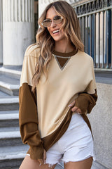 Apricot Color Block Thumbhole Sleeve Drop Shoulder Sweatshirt Sweatshirts & Hoodies JT's Designer Fashion