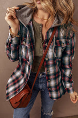 Red Plaid Print Chest Pocket Buttoned Hooded Shacket Plaid Shackets JT's Designer Fashion
