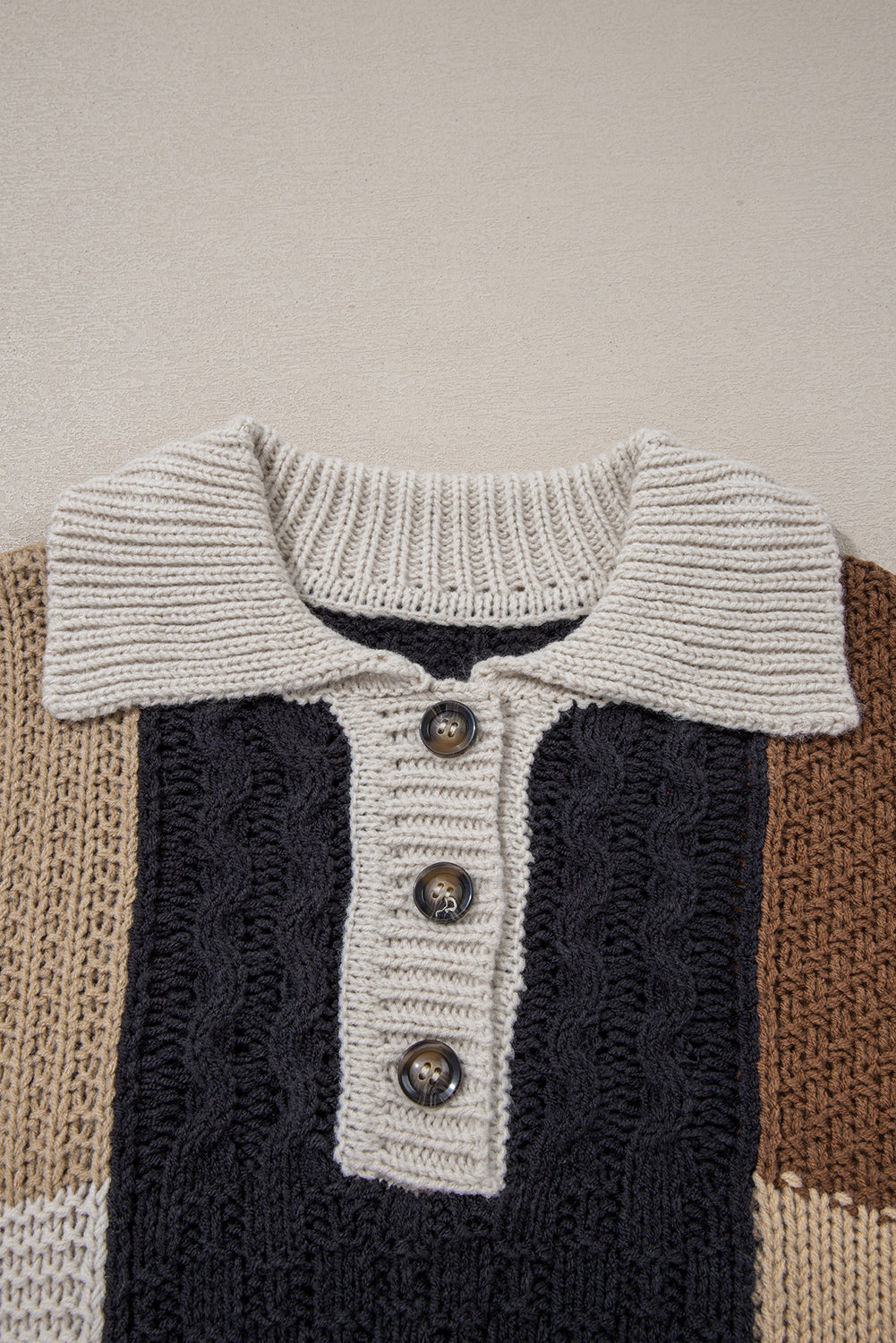 Multicolour Color Block Cable Knit Sleeve Buttons Collared Sweater Sweaters JT's Designer Fashion