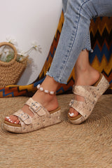 Pale Khaki Retro Buckle Studded Platform Slippers Slippers JT's Designer Fashion