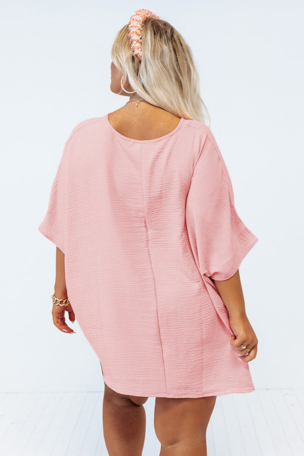 Pink Textured Half Sleeve V Neck Plus Size T Shirt with Chest Pocket Plus Size Tops & Tees JT's Designer Fashion
