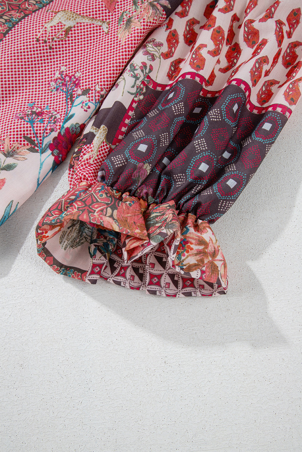 Red Boho Geometric Mixed Print Patchwork Bubble Sleeve Shirt Blouses & Shirts JT's Designer Fashion