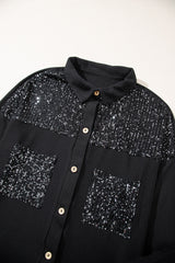Black Sequin Patch Chest Pocket Corded Shacket Jackets JT's Designer Fashion