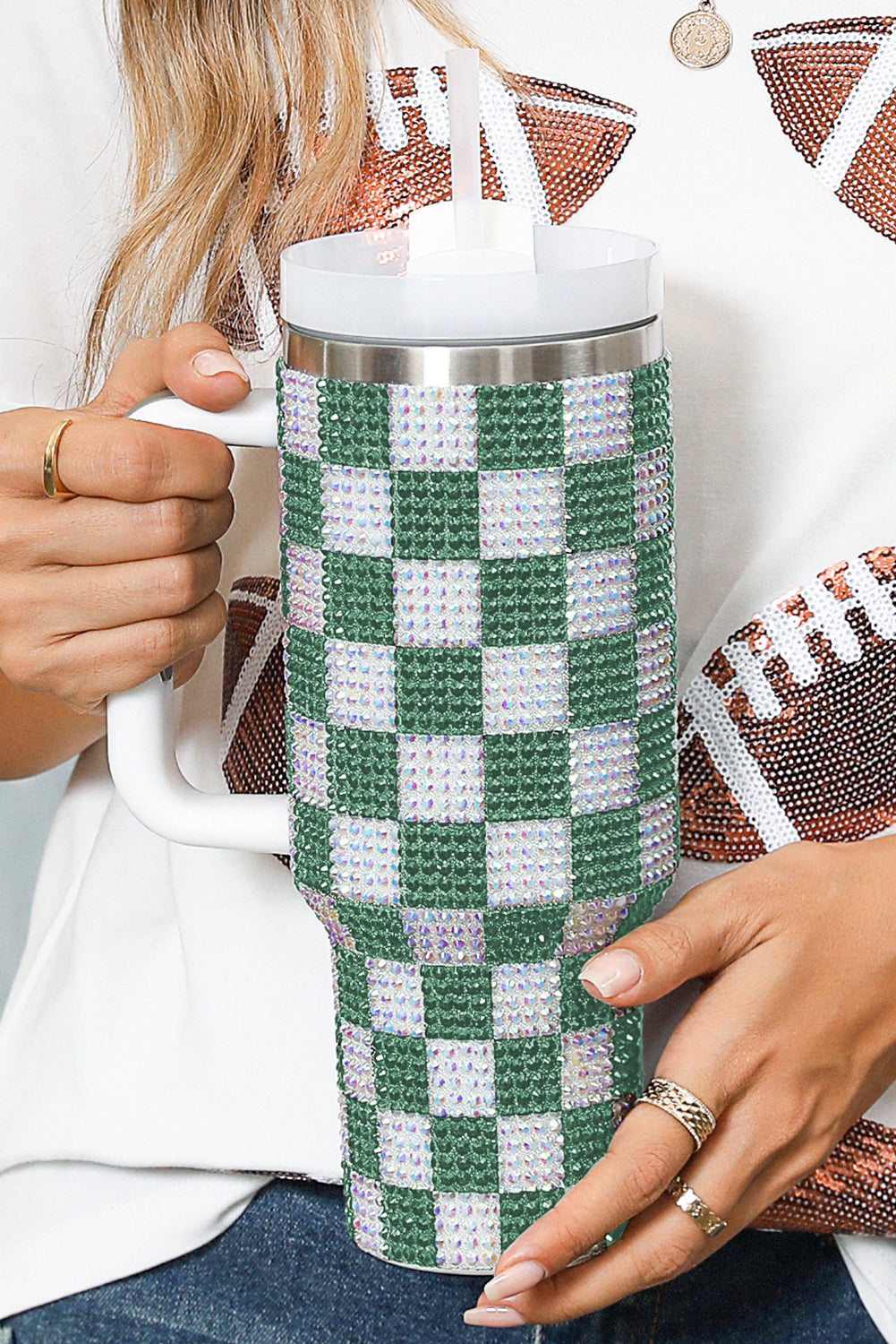Blackish Green Full Rhinestone Checkerboard Handled Tumbler 40oz Tumblers JT's Designer Fashion