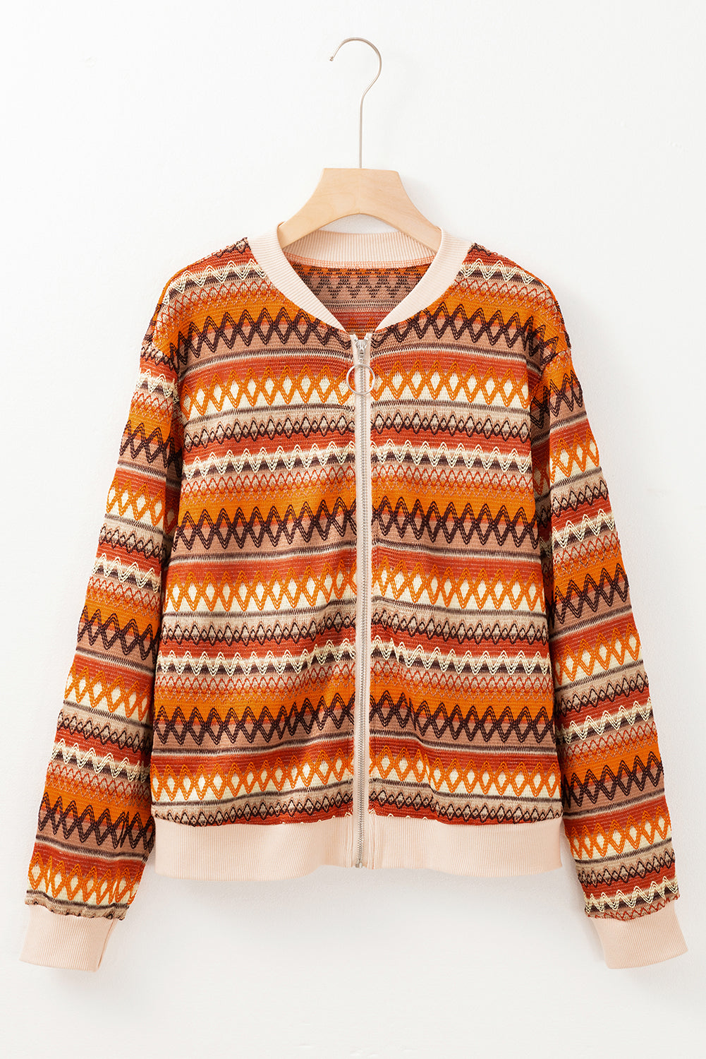 Orange Boho Striped Zip Up Long Sleeve Jacket Jackets JT's Designer Fashion