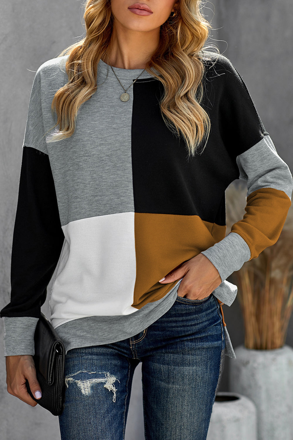 Color Block Round Neck Long Sleeves Pullover Sweatshirt Sweatshirts & Hoodies JT's Designer Fashion