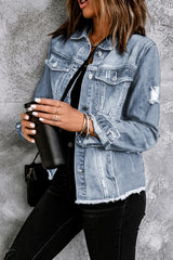 Sky Blue Lapel Distressed Raw Hem Buttons Denim Jacket Denim Jackets JT's Designer Fashion