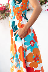 Orange Floral Self Tied Straps Smocked Bust Maxi Dress Floral Dresses JT's Designer Fashion