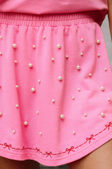 Pink Contrast Bow Trim Pearl Puff Sleeve Blouse and Skort 2pcs Set Short Sets JT's Designer Fashion