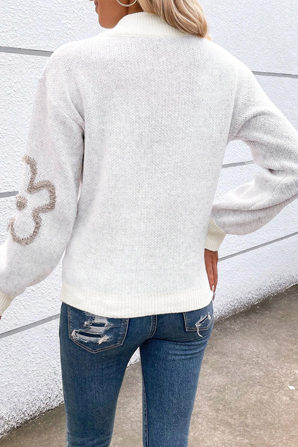 White Contrast Flower Half Zipper Stand Neck Sweater Sweaters JT's Designer Fashion