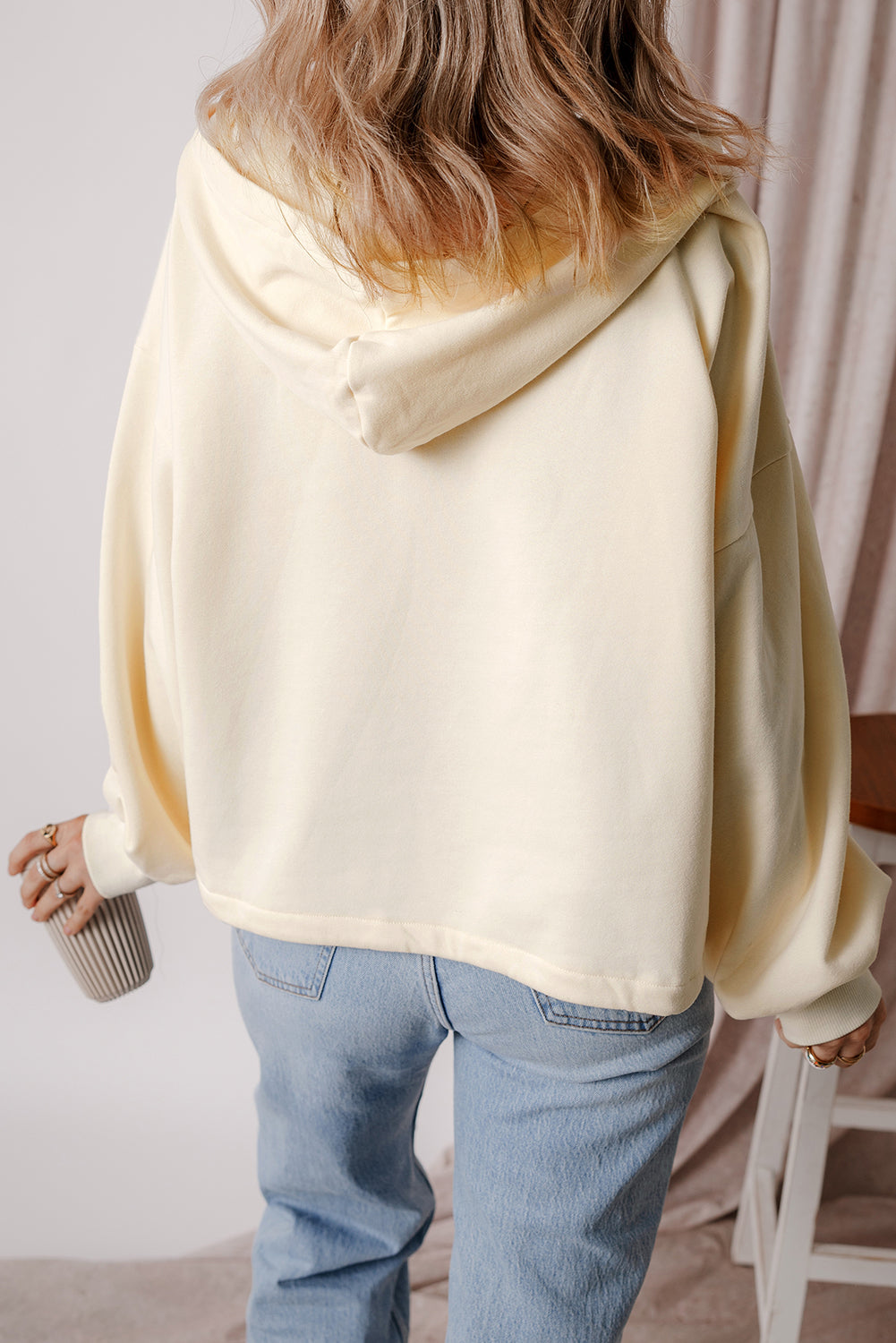 Beige Fleece Lined Half Zipper Kangaroo Pockets Loose Hoodie Sweatshirts & Hoodies JT's Designer Fashion