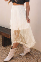 Beige Lace Cascading Tiered High Waist Maxi Skirt Skirts & Petticoat JT's Designer Fashion