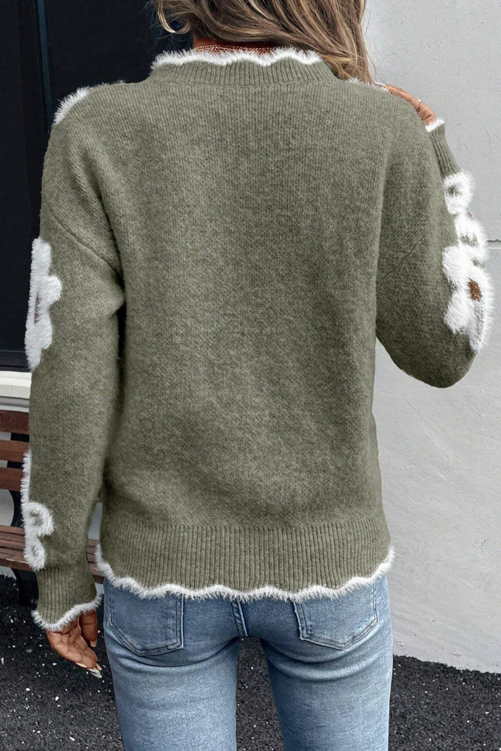 Seagrass Plush Flower Pattern Scalloped Trim V Neck Sweater Sweaters JT's Designer Fashion