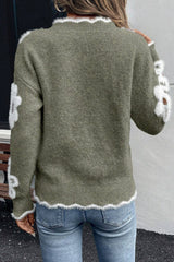 Seagrass Plush Flower Pattern Scalloped Trim V Neck Sweater Sweaters JT's Designer Fashion