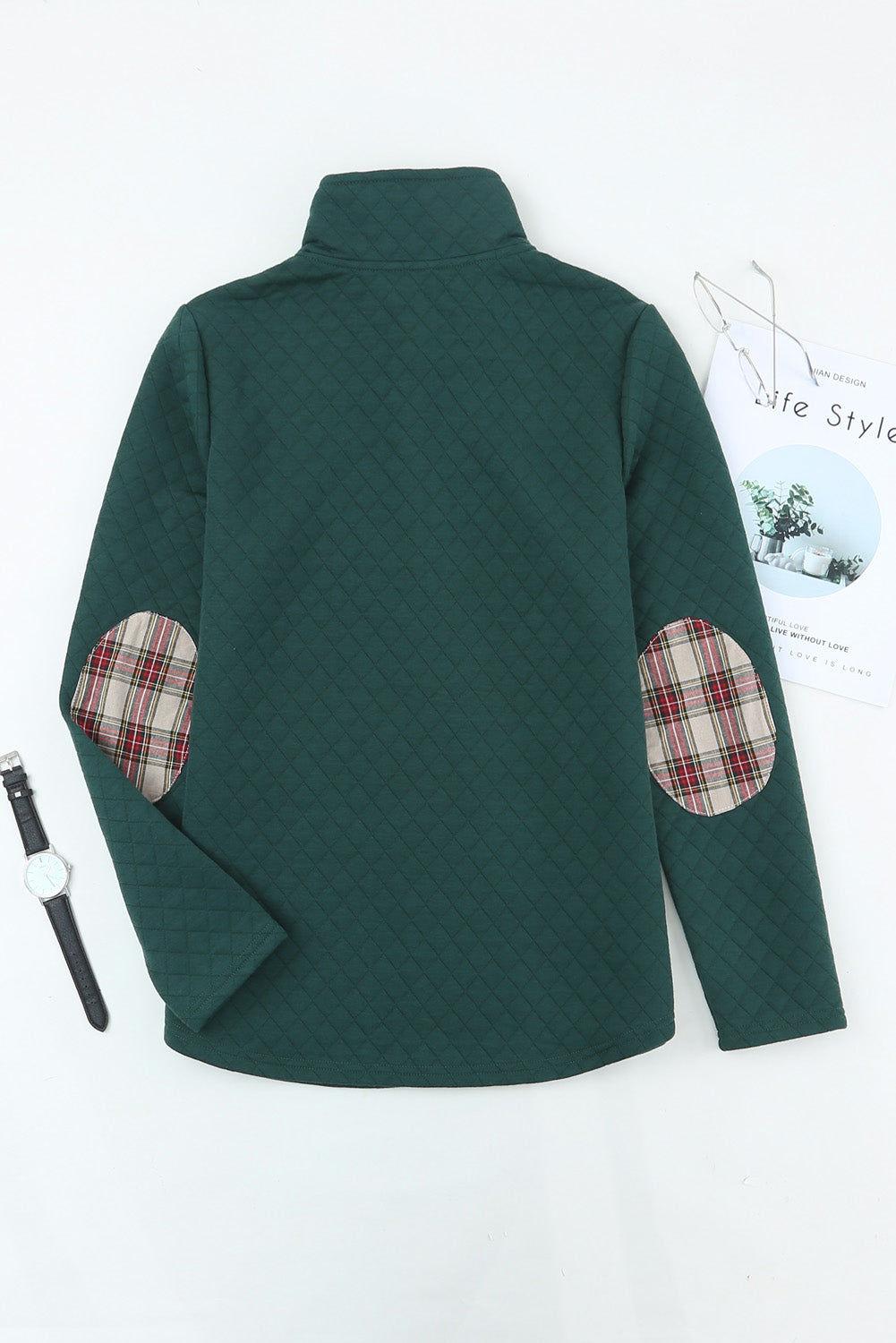 Green Geometric Texture Plaid Trim Sweatshirt Sweatshirts & Hoodies JT's Designer Fashion